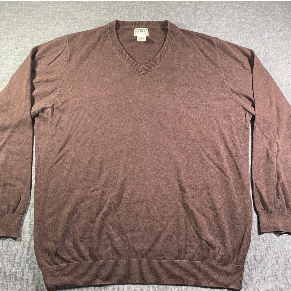 LLBean Mens V Neck‎ Sweater XL Tall Brown Cashmere Blend Long Sleeve